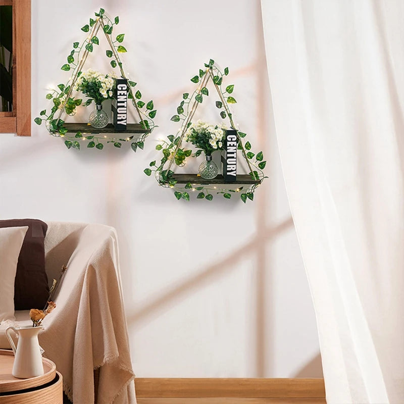 LED Wooden Floating Shelf with Leaf Decor – Boho Wall Display