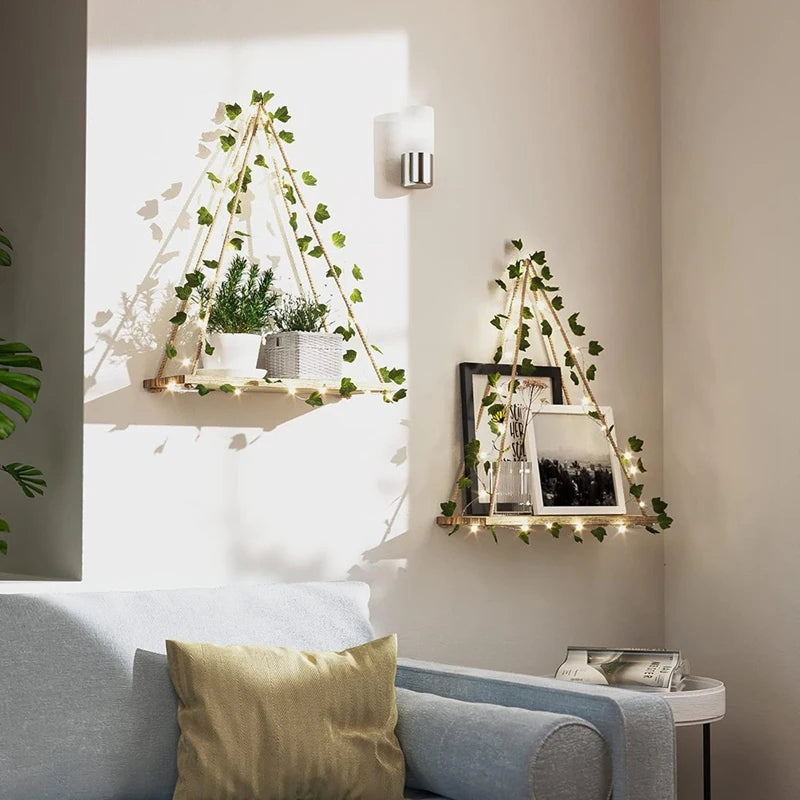 LED Wooden Floating Shelf with Leaf Decor – Boho Wall Display