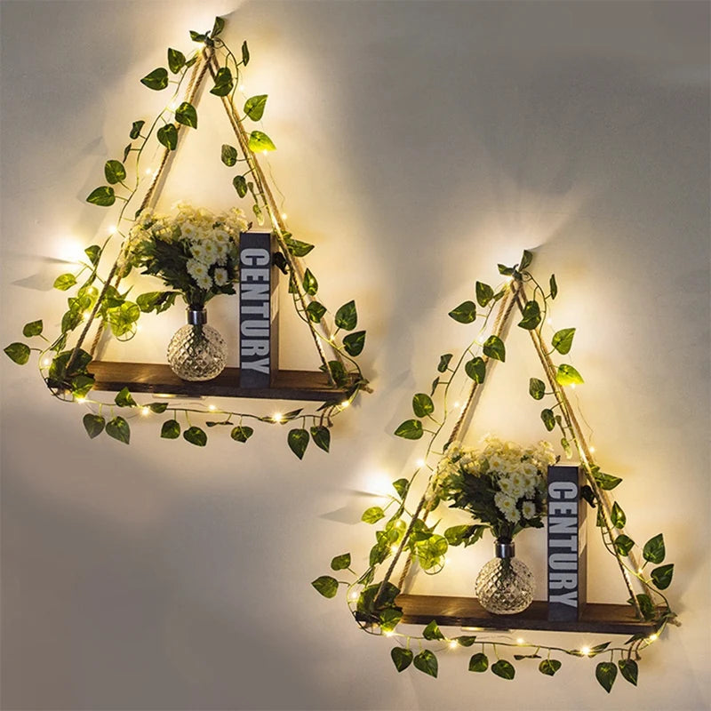 LED Wooden Floating Shelf with Leaf Decor – Boho Wall Display
