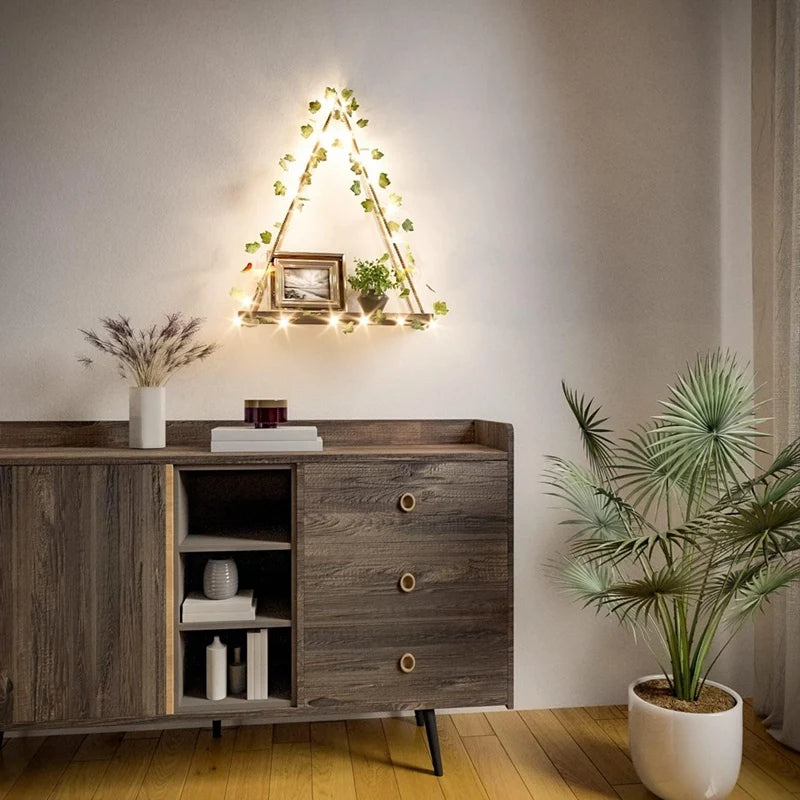 LED Wooden Floating Shelf with Leaf Decor – Boho Wall Display