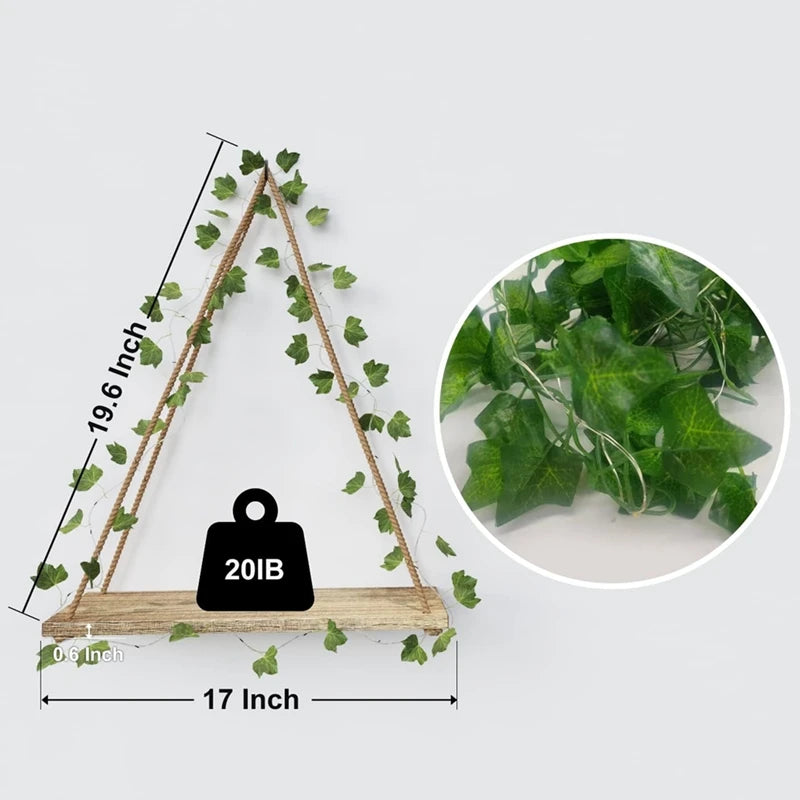 LED Wooden Floating Shelf with Leaf Decor – Boho Wall Display