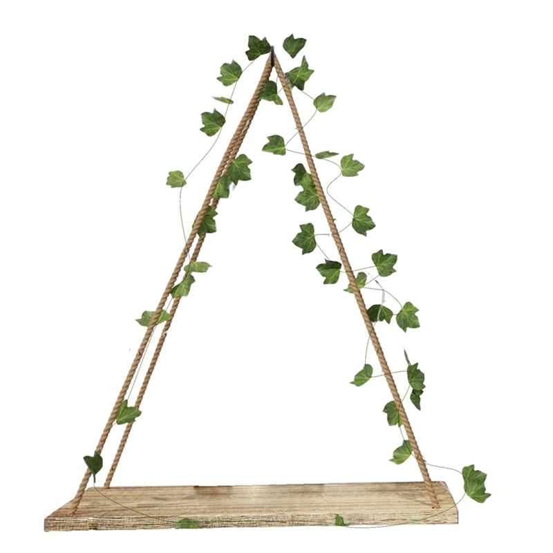 LED Wooden Floating Shelf with Leaf Decor – Boho Wall Display